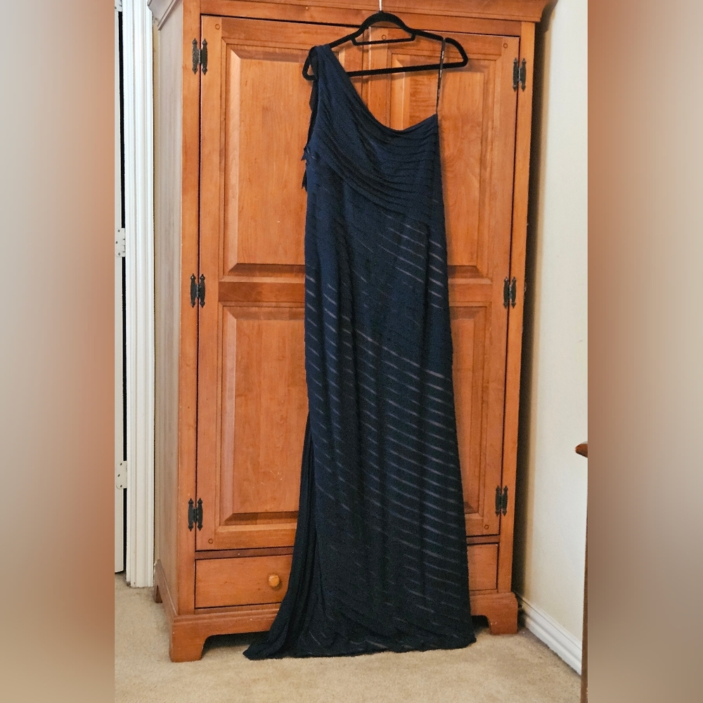 Tadashi Shoji navy,  ruched and beautifully pleated formal gown